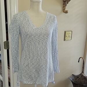 Talbots blue white open weave pullover sweater Vneck 3/4 slv 100% Pima Cotton M